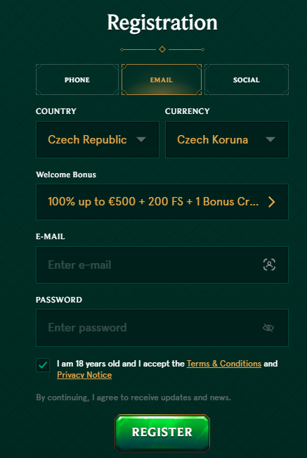 Casinia Registrační menu