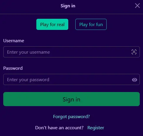 Paradise8 Přihlašovací menu