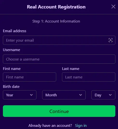 Paradise8 Registrační menu