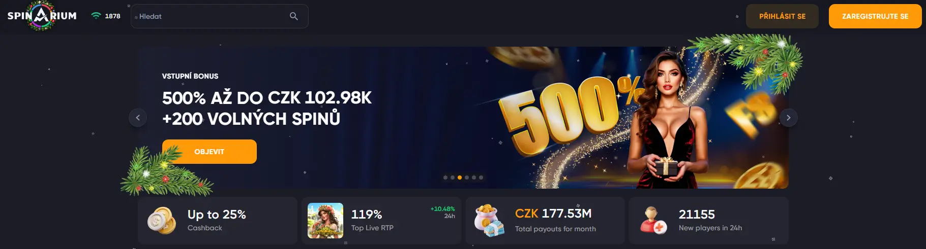 Spinarium Casino Hlavní menu