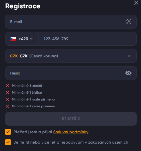 Spinarium Casino Registrační menu