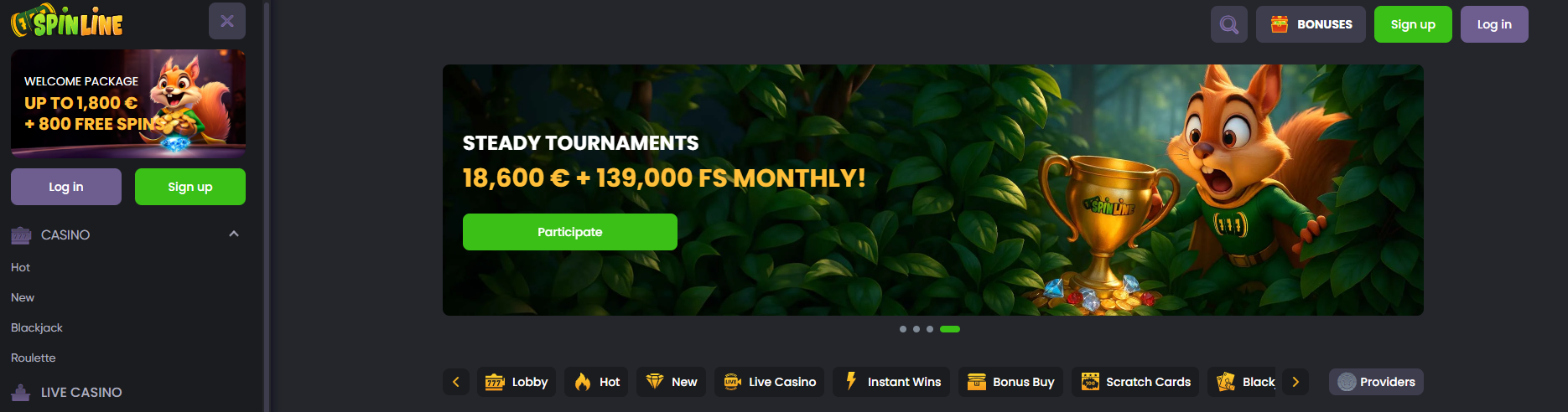 Spinline Casino main menu